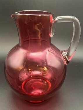 ✨Antique Victorian Cranberry Glass Pitcher Jug Applied Clear Handle Hand Blown